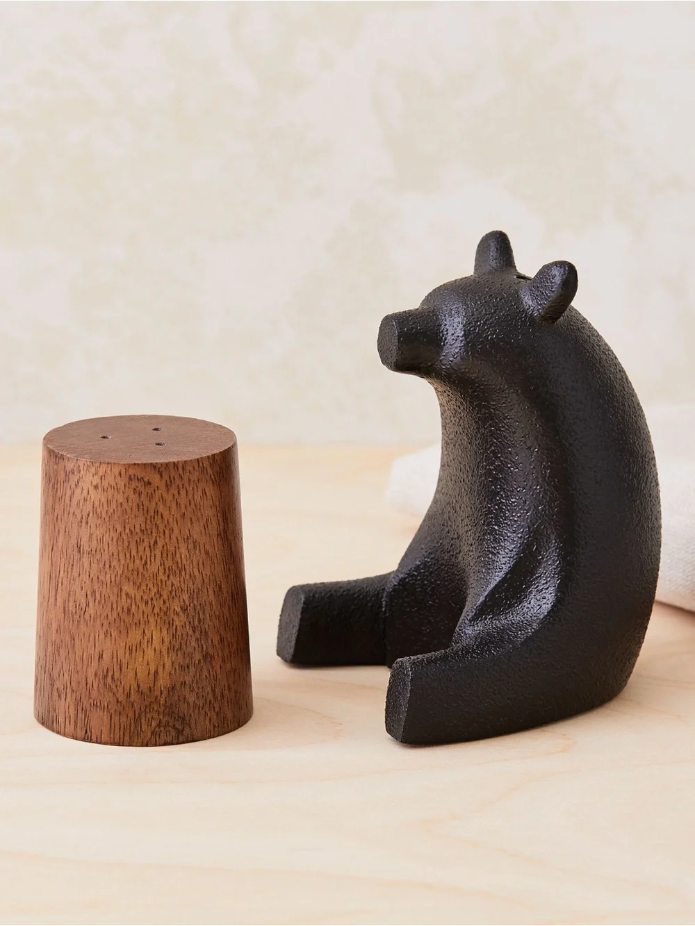 West Elm Bear Salt + Pepper Shakers - Black Bear and Wood New in Box